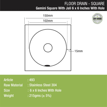 Gemini Square Floor Drain with Jali and Hole (6 x 6 Inches) with Hole - LIPKA - Lipka Home