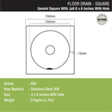 Gemini Square Floor Drain with Jali and Hole (6 x 6 Inches) with Hole dimensions and sizes