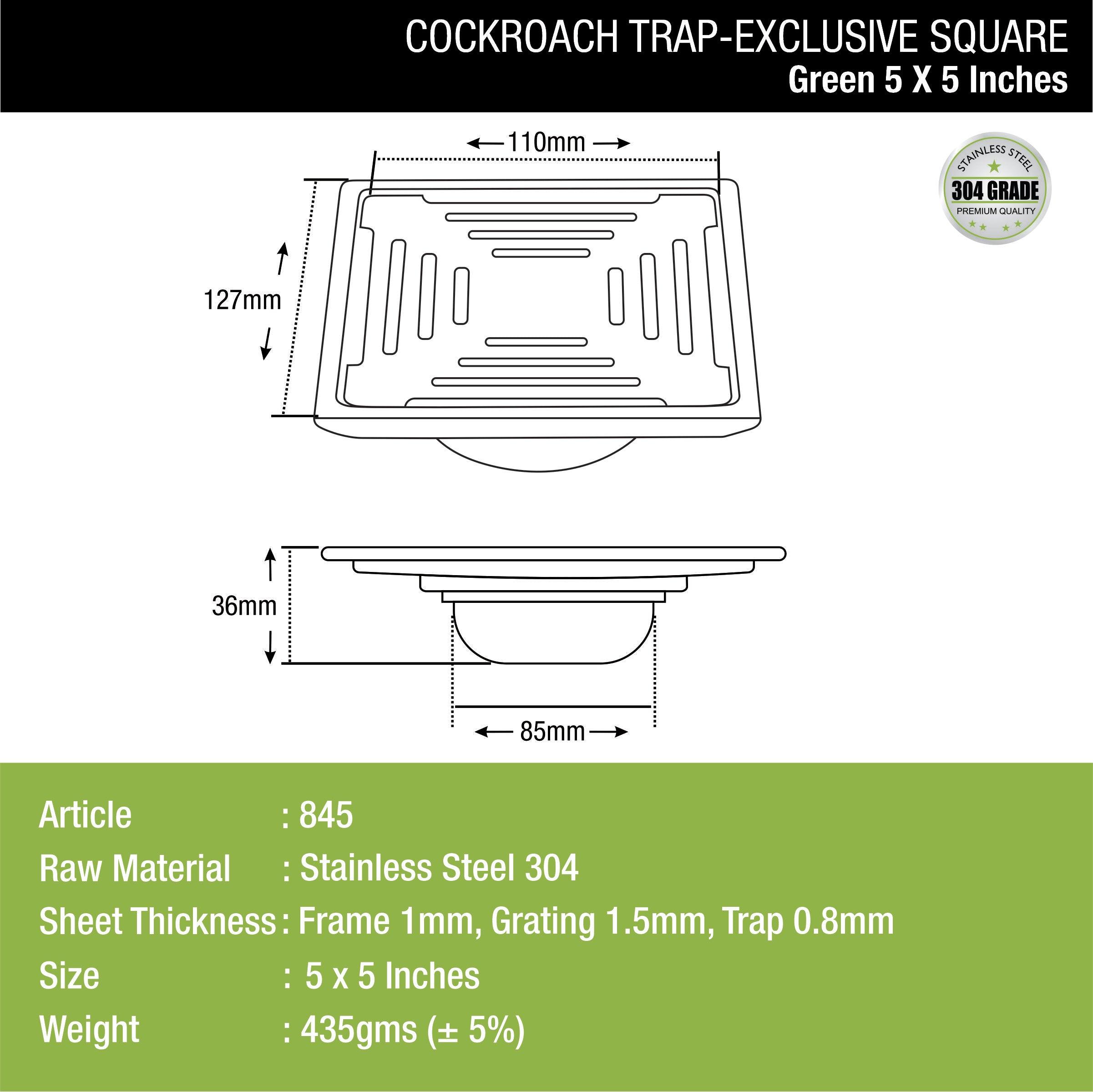 Green Exclusive Square Floor Drain (5 x 5 Inches) with Cockroach Trap dimensions and sizes