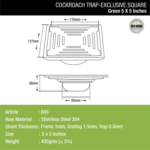 Green Exclusive Square Floor Drain (5 x 5 Inches) with Cockroach Trap - LIPKA - Lipka Home