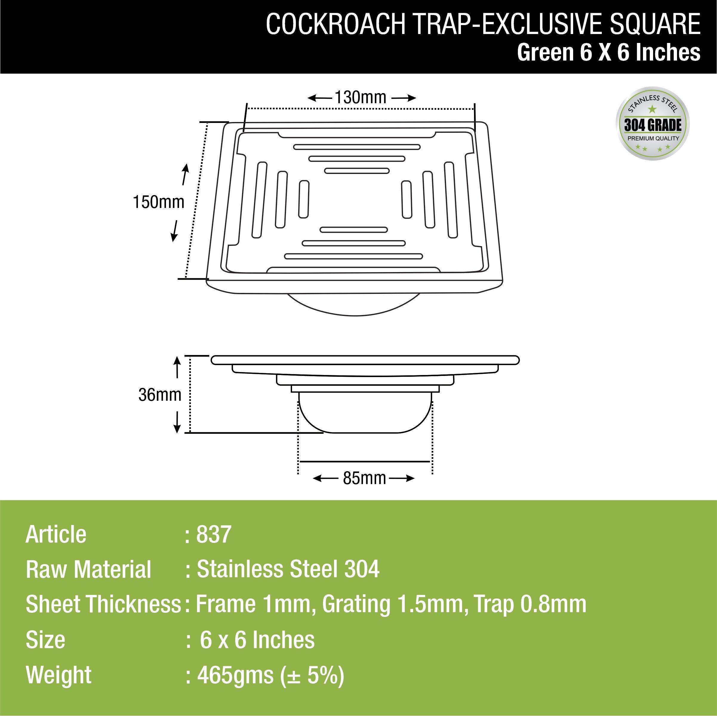 Green Exclusive Square Floor Drain (6 x 6 Inches) with Cockroach Trap dimensions and sizes