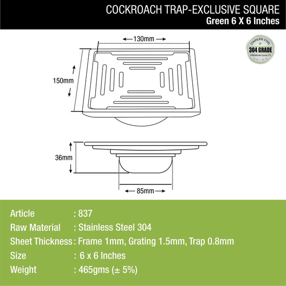 Green Exclusive Square Floor Drain (6 x 6 Inches) with Cockroach Trap - LIPKA - Lipka Home