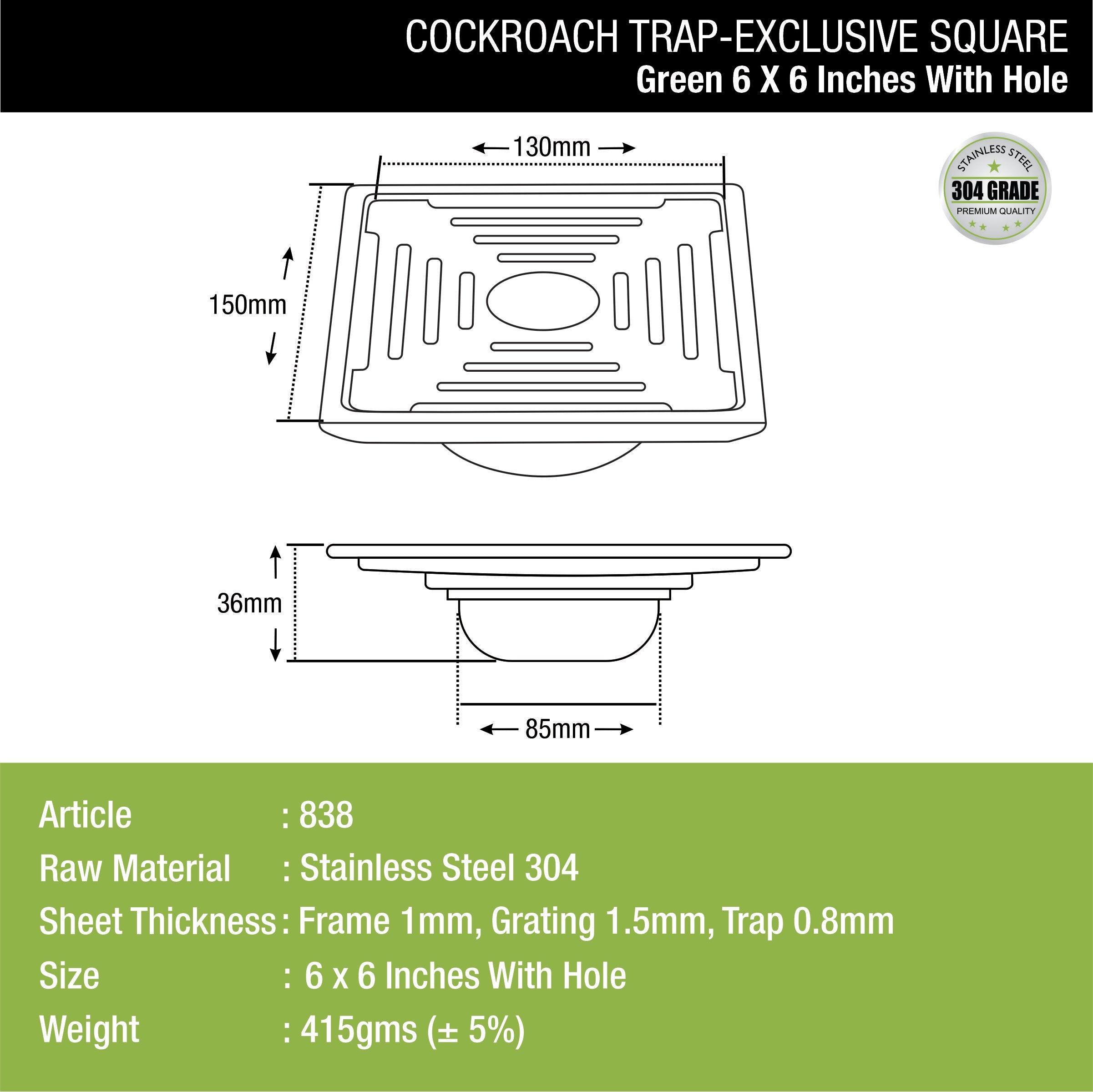 Green Exclusive Square Floor Drain (6 x 6 Inches) with Hole and Cockroach Trap dimensions and sizes