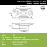 Green Exclusive Square Floor Drain (6 x 6 Inches) with Hole and Cockroach Trap dimensions and sizes