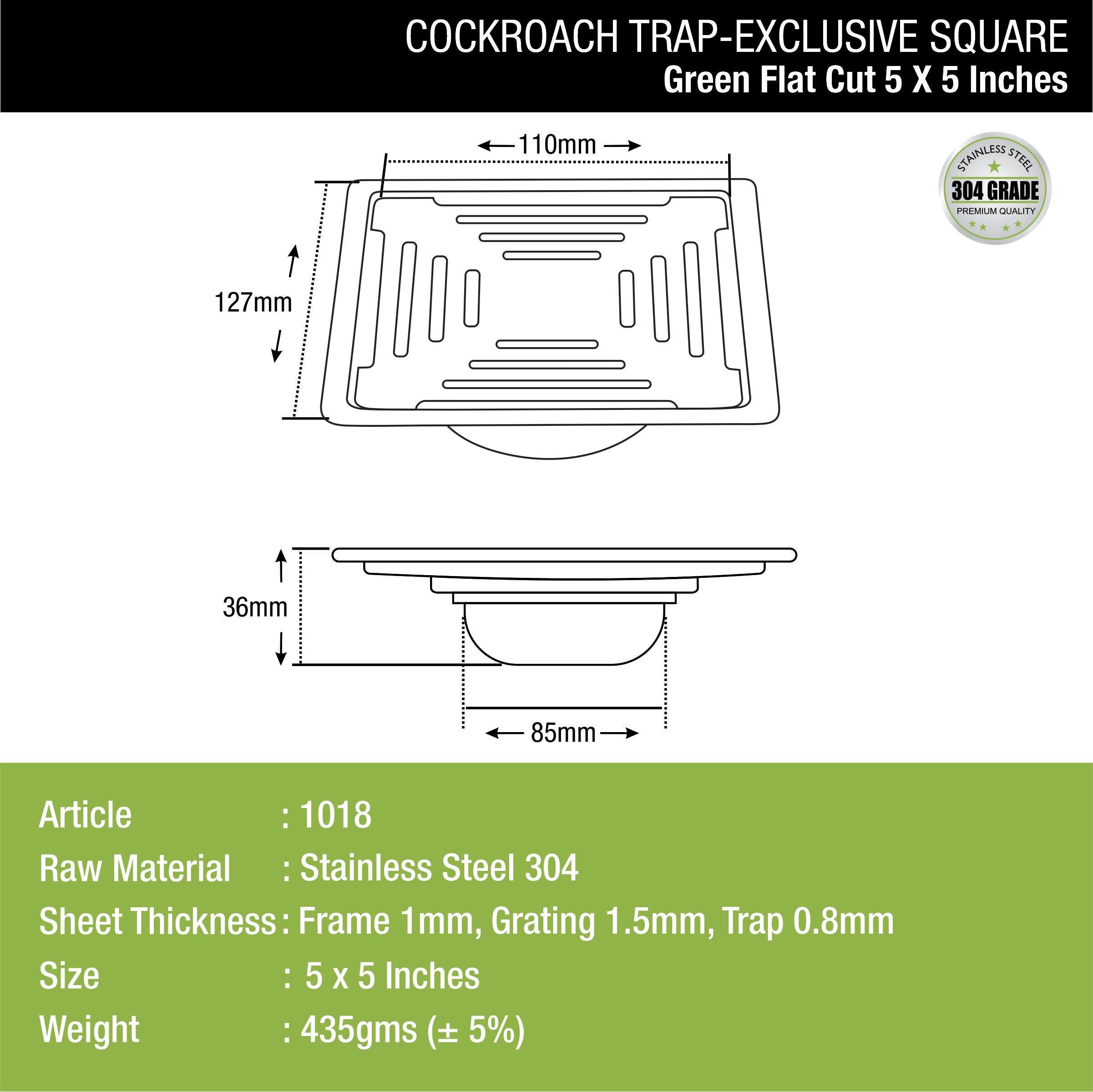 Green Exclusive Square Flat Cut Floor Drain (5 x 5 Inches) with Cockroach Trap dimensions and sizes