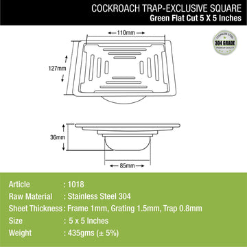 Green Exclusive Square Flat Cut Floor Drain (5 x 5 Inches) with Cockroach Trap - LIPKA - Lipka Home