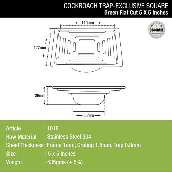 Green Exclusive Square Flat Cut Floor Drain (5 x 5 Inches) with Cockroach Trap - LIPKA - Lipka Home