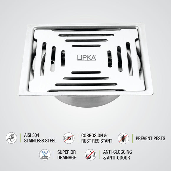 Green Exclusive Square Flat Cut Floor Drain (5 x 5 Inches) with Cockroach Trap - LIPKA - Lipka Home