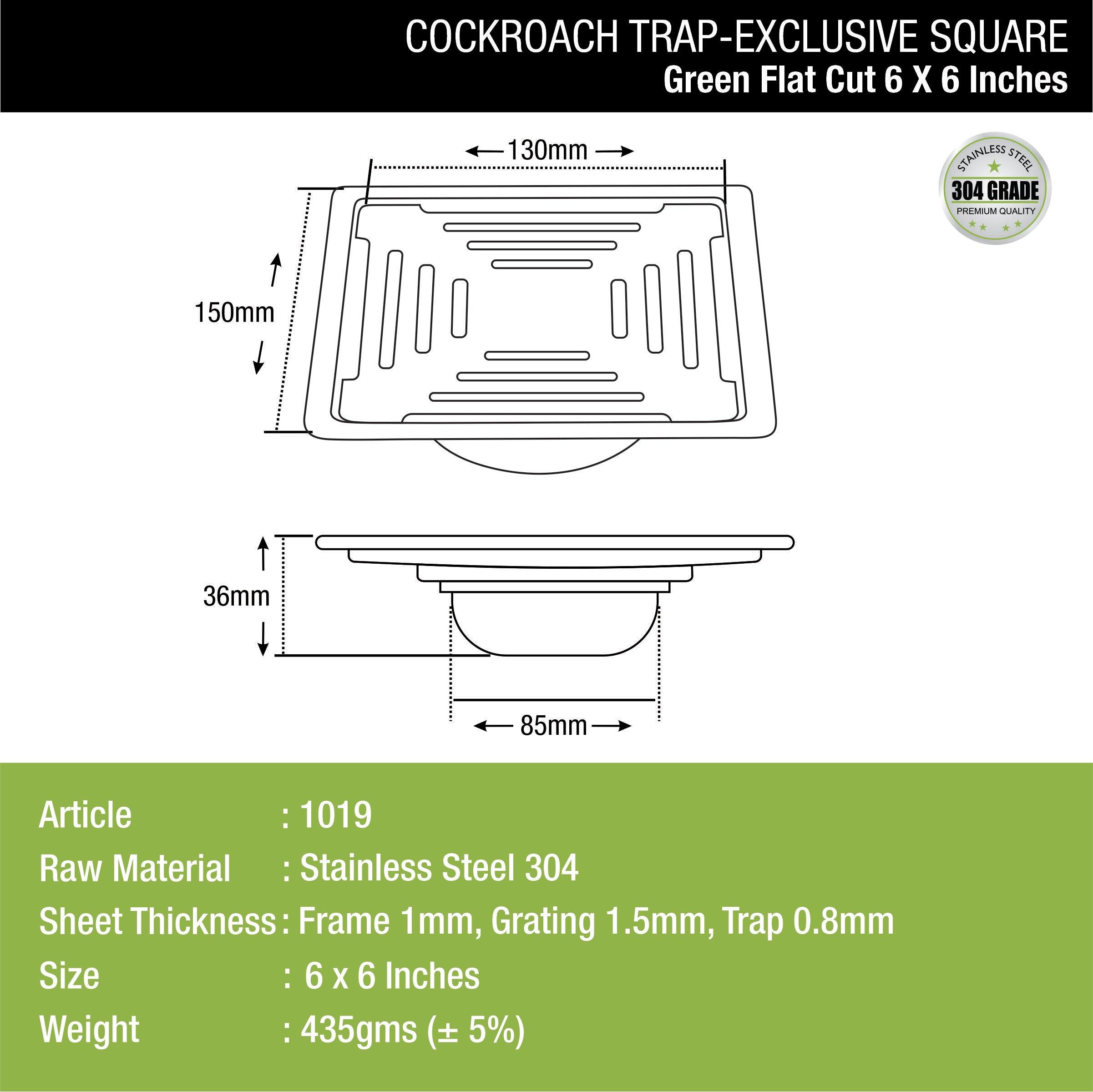 Green Exclusive Square Flat Cut Floor Drain (6 x 6 Inches) with Cockroach Trap dimensions and sizes