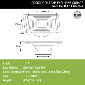 Green Exclusive Square Flat Cut Floor Drain (6 x 6 Inches) with Cockroach Trap - LIPKA - Lipka Home