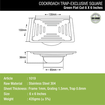Green Exclusive Square Flat Cut Floor Drain (6 x 6 Inches) with Cockroach Trap - LIPKA - Lipka Home