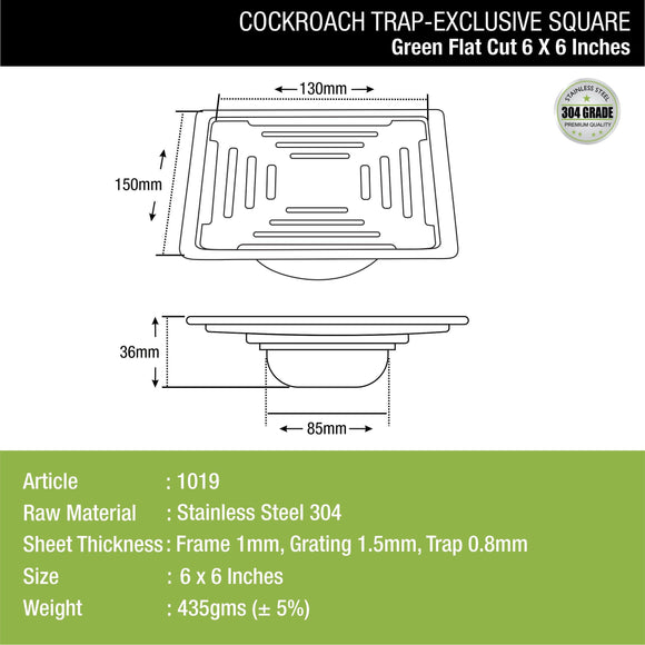 Green Exclusive Square Flat Cut Floor Drain (6 x 6 Inches) with Cockroach Trap - LIPKA - Lipka Home