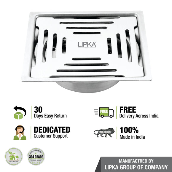 Green Exclusive Square Flat Cut Floor Drain (6 x 6 Inches) with Cockroach Trap - LIPKA - Lipka Home