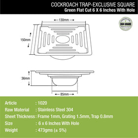 Green Exclusive Square Flat Cut Floor Drain (6 x 6 Inches) with Hole and Cockroach Trap - LIPKA - Lipka Home