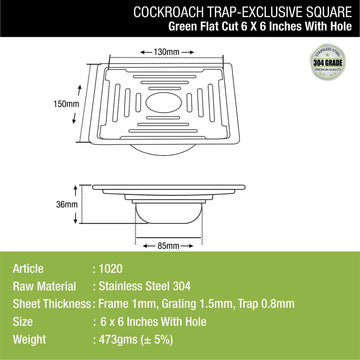 Green Exclusive Square Flat Cut Floor Drain (6 x 6 Inches) with Hole and Cockroach Trap - LIPKA - Lipka Home
