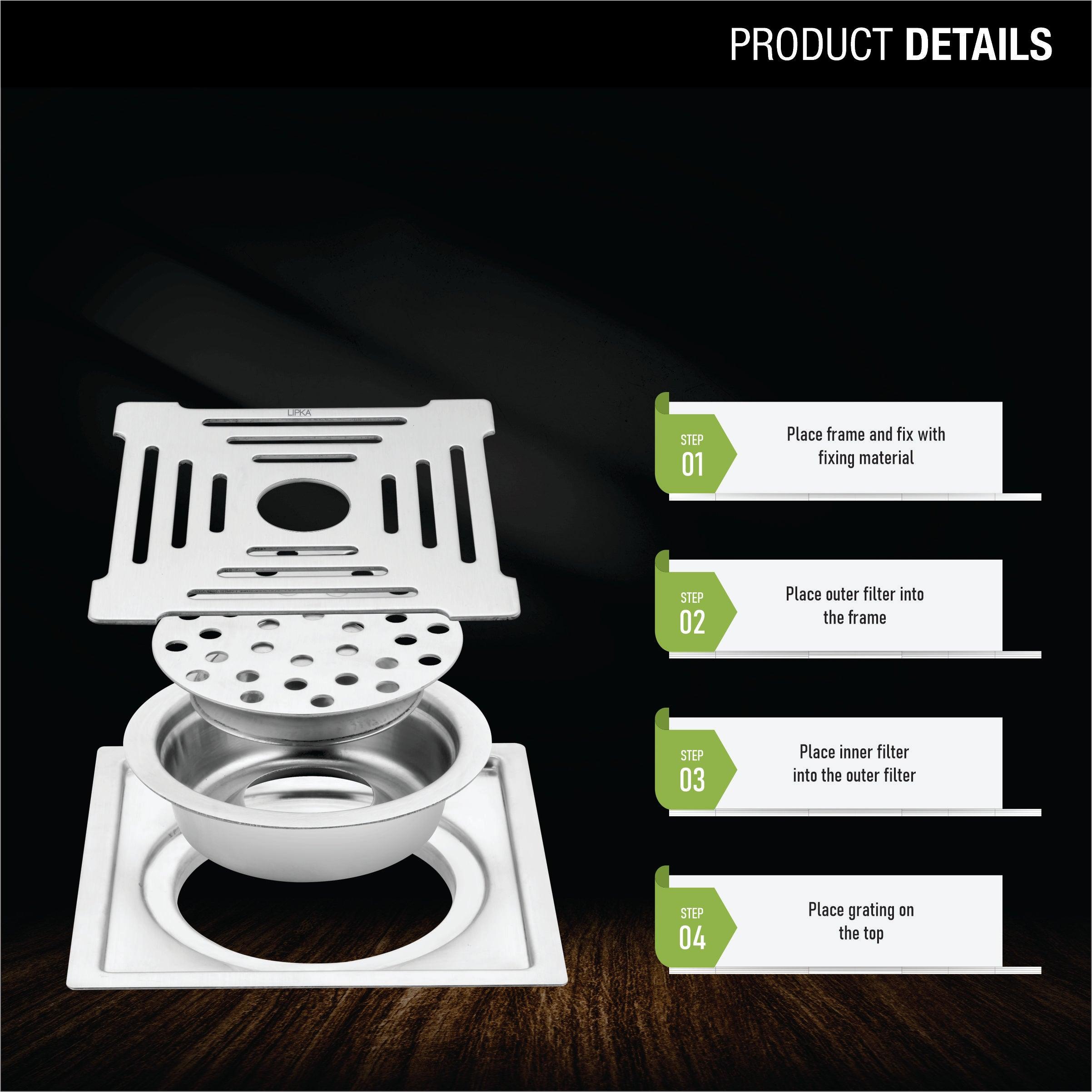 Green Exclusive Square Flat Cut Floor Drain (6 x 6 Inches) with Hole and Cockroach Trap product details