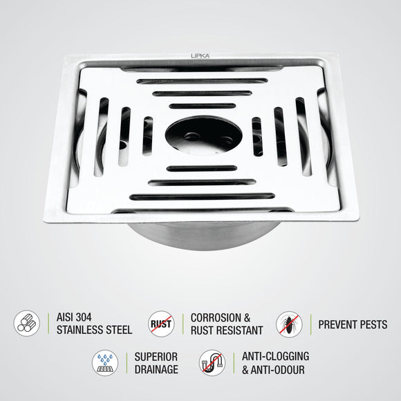 Green Exclusive Square Flat Cut Floor Drain (6 x 6 Inches) with Hole and Cockroach Trap - LIPKA - Lipka Home