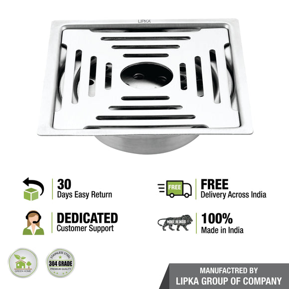 Green Exclusive Square Flat Cut Floor Drain (6 x 6 Inches) with Hole and Cockroach Trap - LIPKA - Lipka Home