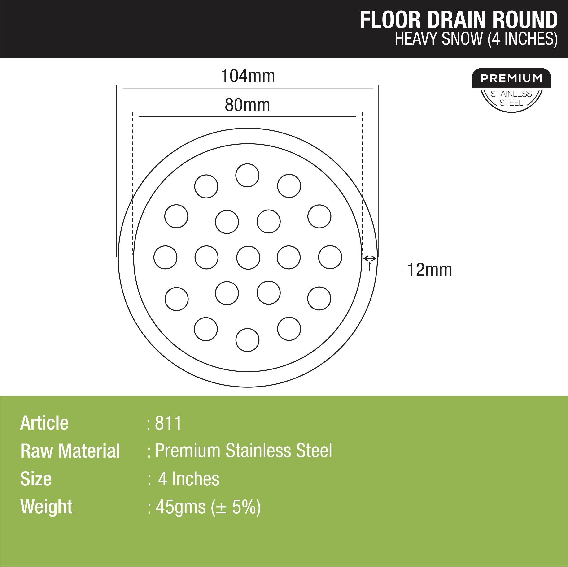 Heavy Snow Round Floor Drain (4 Inches) dimensions and sizes