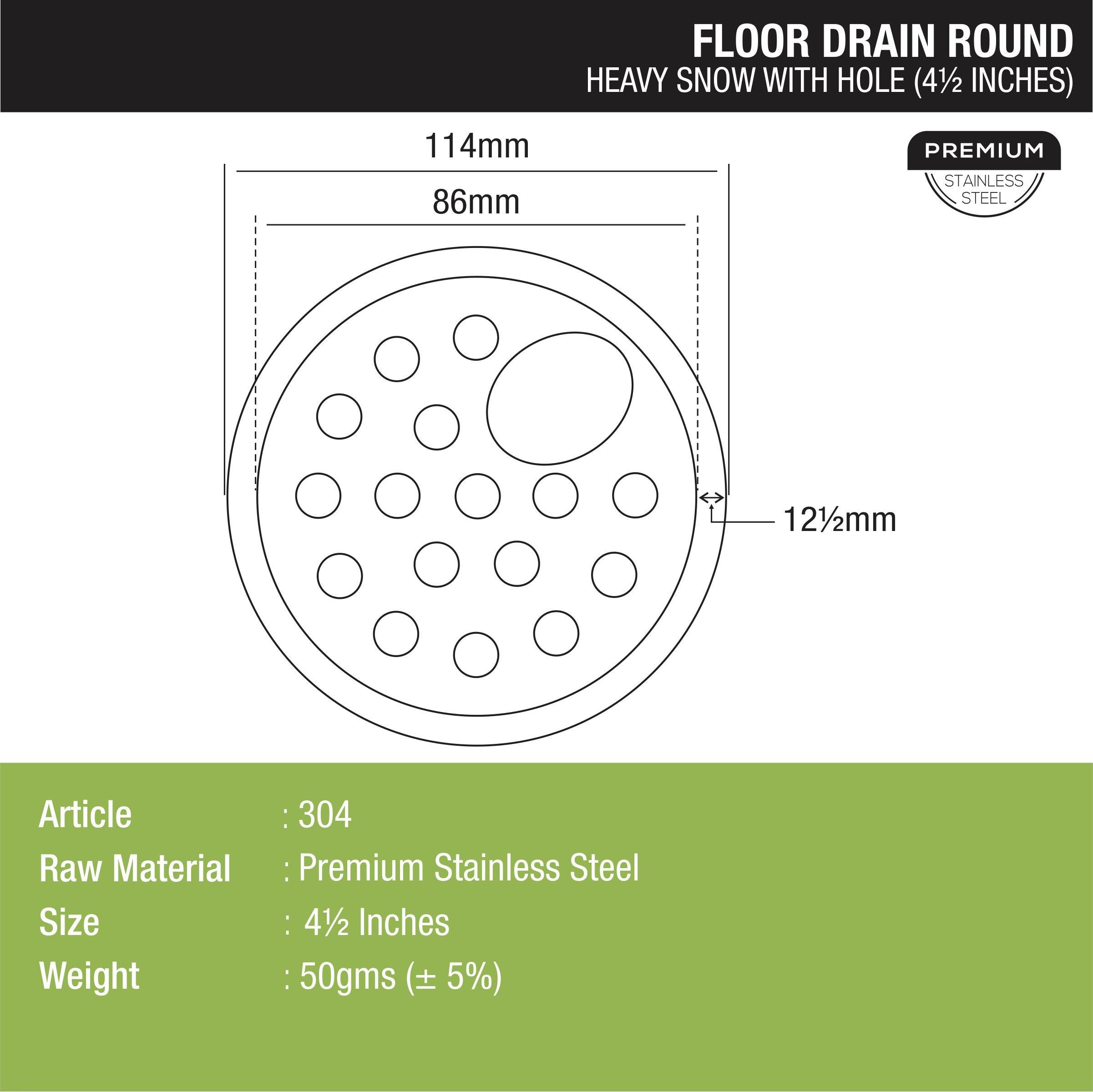 Heavy Snow Round Floor Drain with Hole (4.5 inches) dimensions and sizes