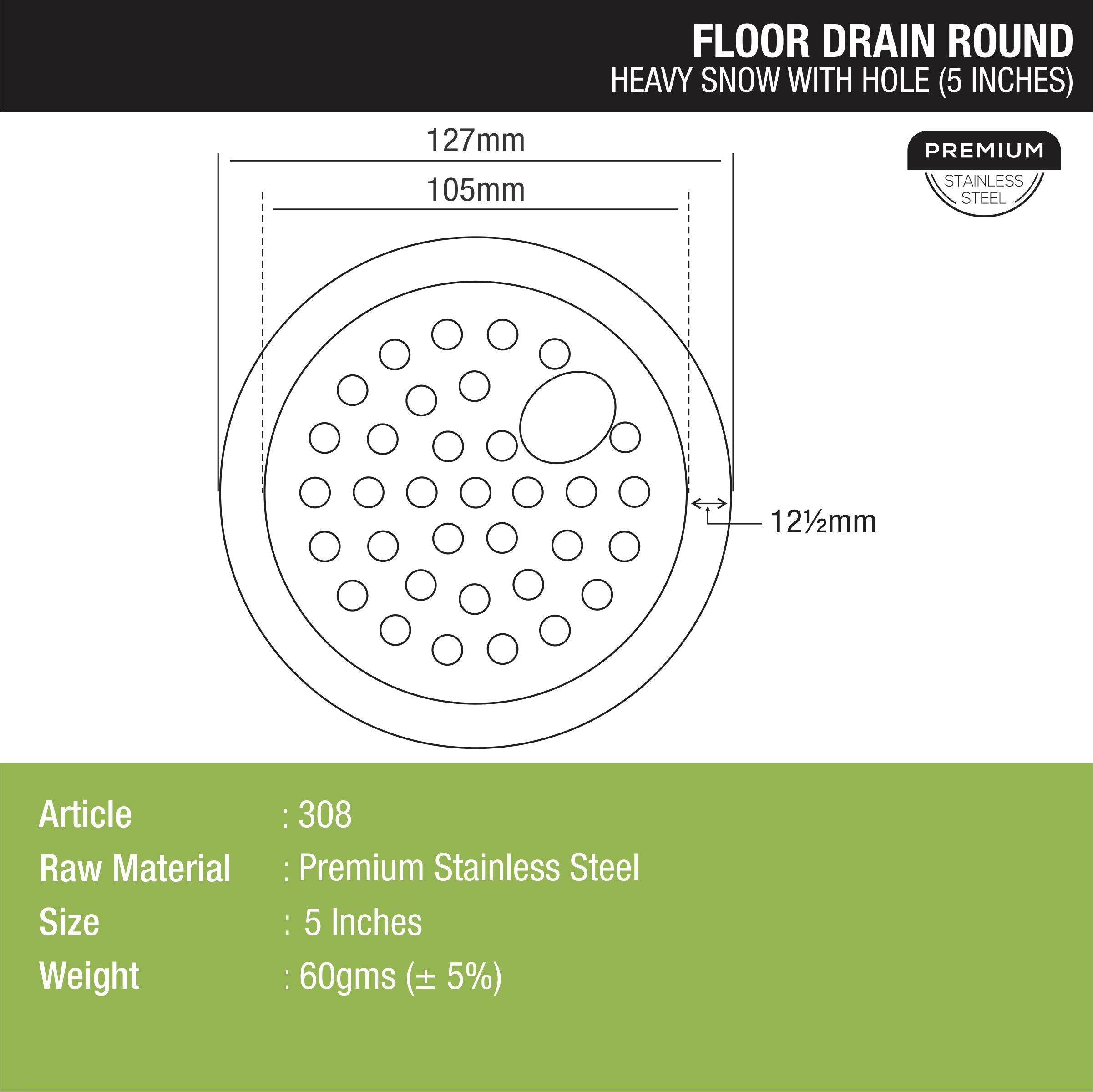 Heavy Snow Round Floor Drain with Hole (5 inches) dimensions and sizes