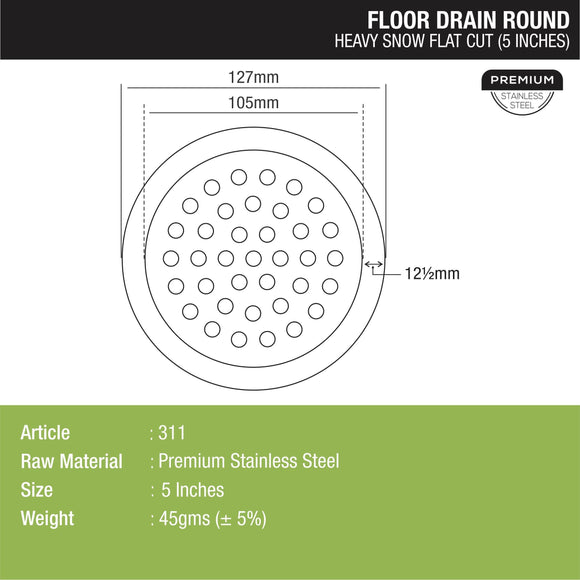 Heavy Snow Round Flat Cut Floor Drain (5 inches) - LIPKA - Lipka Home