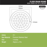 Heavy Snow Round Flat Cut Floor Drain (5 inches) dimensions and sizes