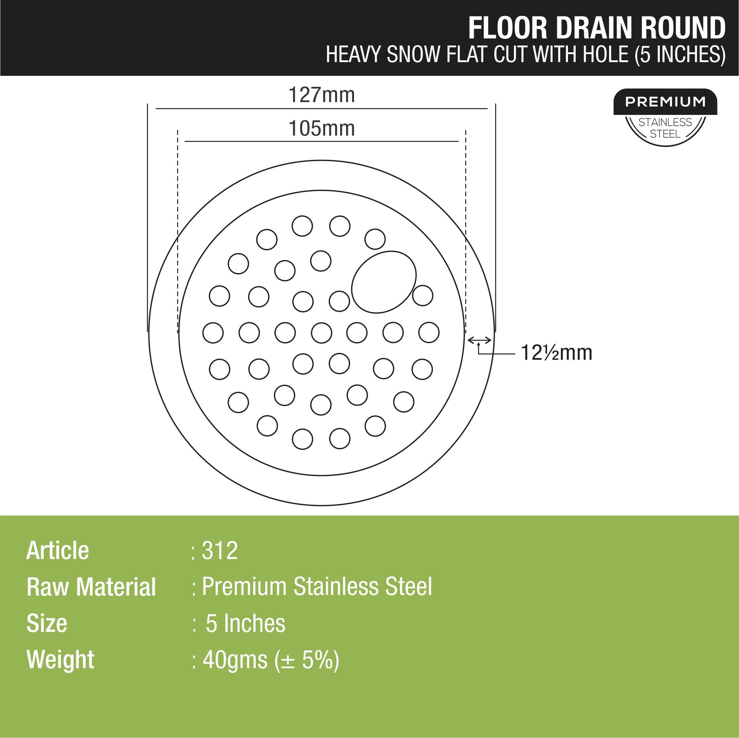 Heavy Snow Round Flat Cut Floor Drain with Hole (5 inches) dimensions and sizes