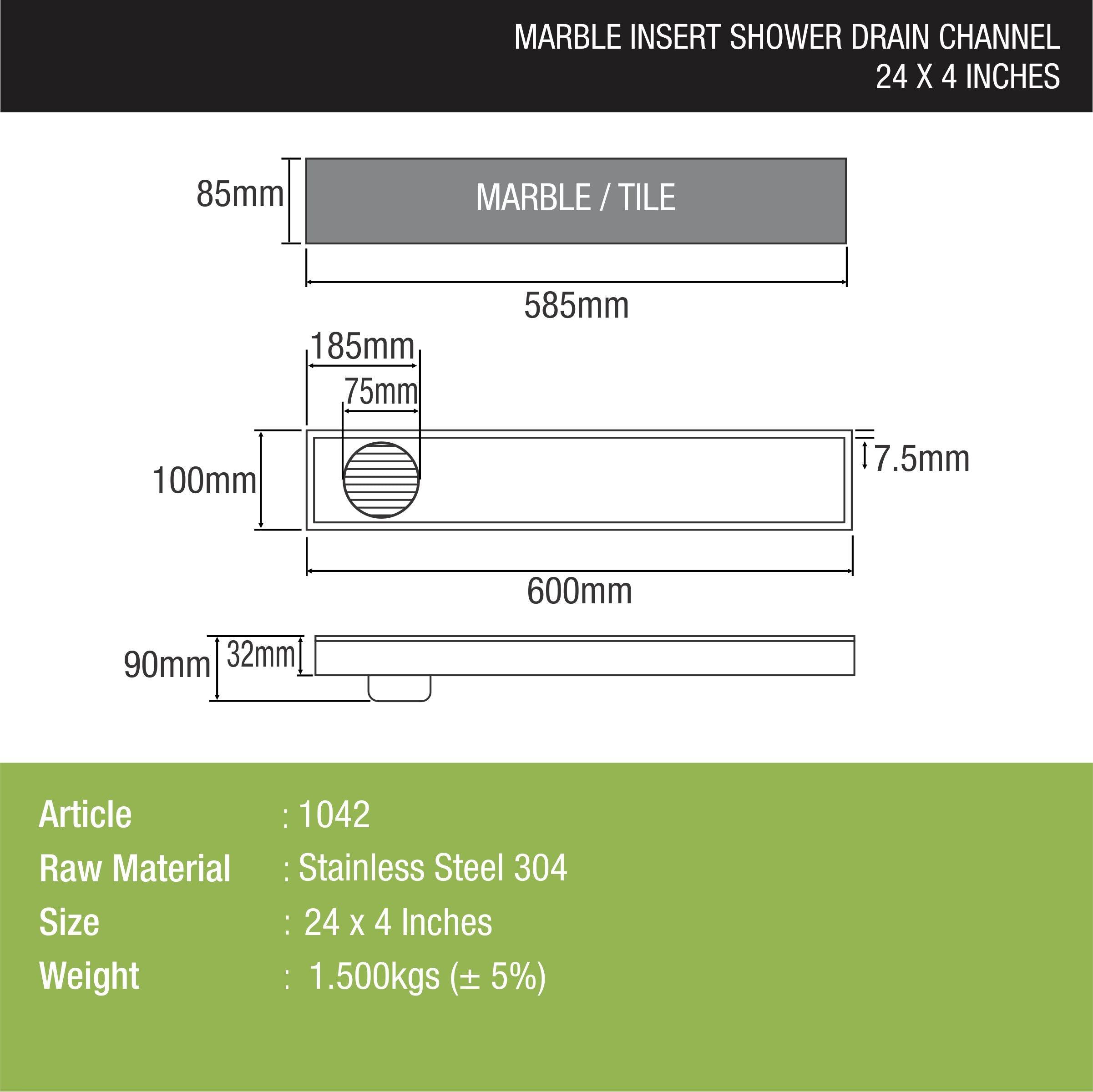 Marble Insert Shower Drain Channel (24 x 4 Inches) sizes and dimensions