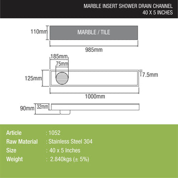 Marble Insert Shower Drain Channel (40 x 5 Inches) - LIPKA - Lipka Home