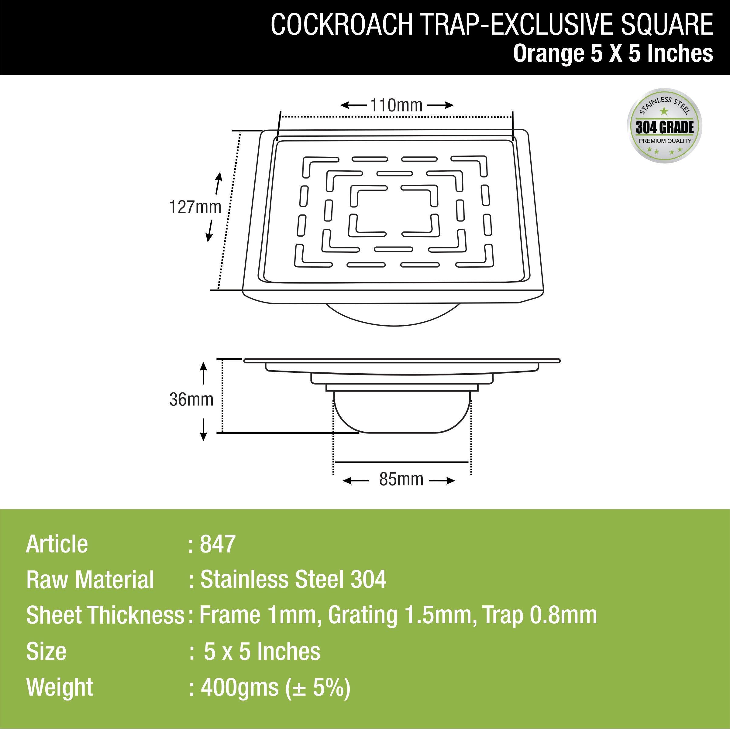 Orange Exclusive Square Floor Drain (5 x 5 Inches) with Cockroach Trap dimensions and size