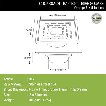 Orange Exclusive Square Floor Drain (5 x 5 Inches) with Cockroach Trap - LIPKA - Lipka Home