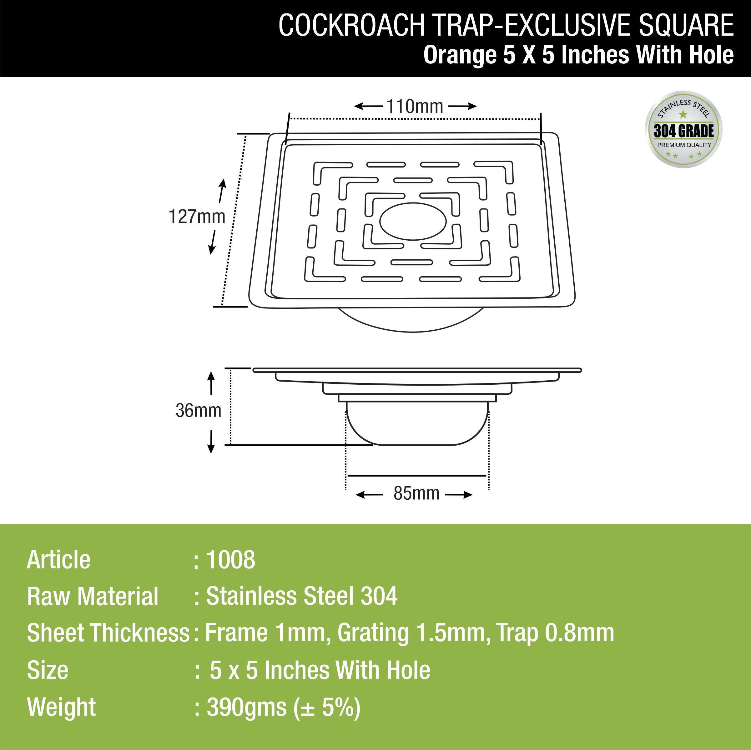 Orange Exclusive Square Floor Drain (5 x 5 Inches) with Hole and Cockroach Trap dimensions and sizes