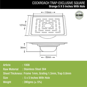 Orange Exclusive Square Floor Drain (5 x 5 Inches) with Hole and Cockroach Trap - LIPKA - Lipka Home