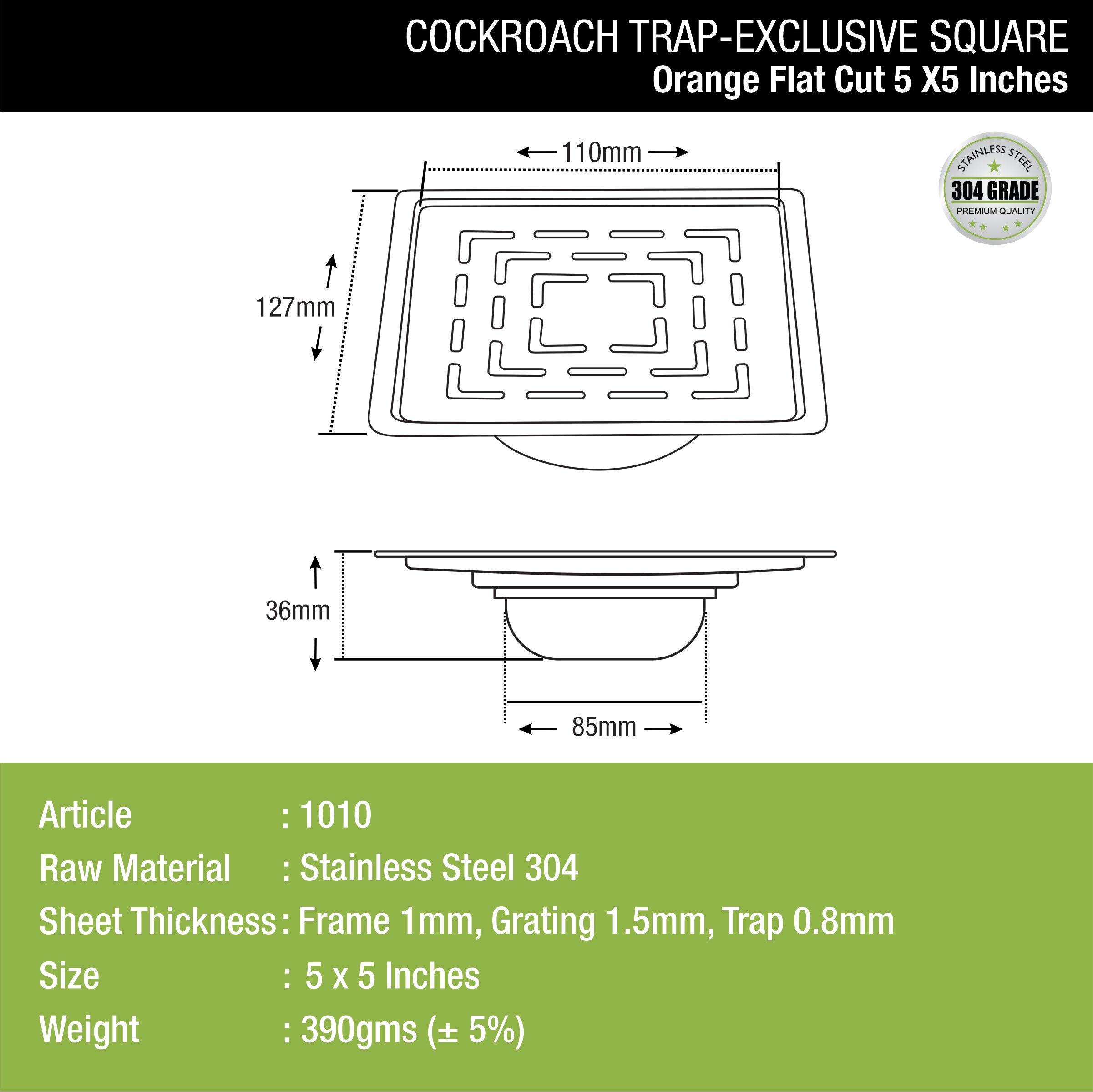 Orange Exclusive Square Flat Cut Floor Drain (5 x 5 Inches) with Cockroach Trap dimensions and sizes