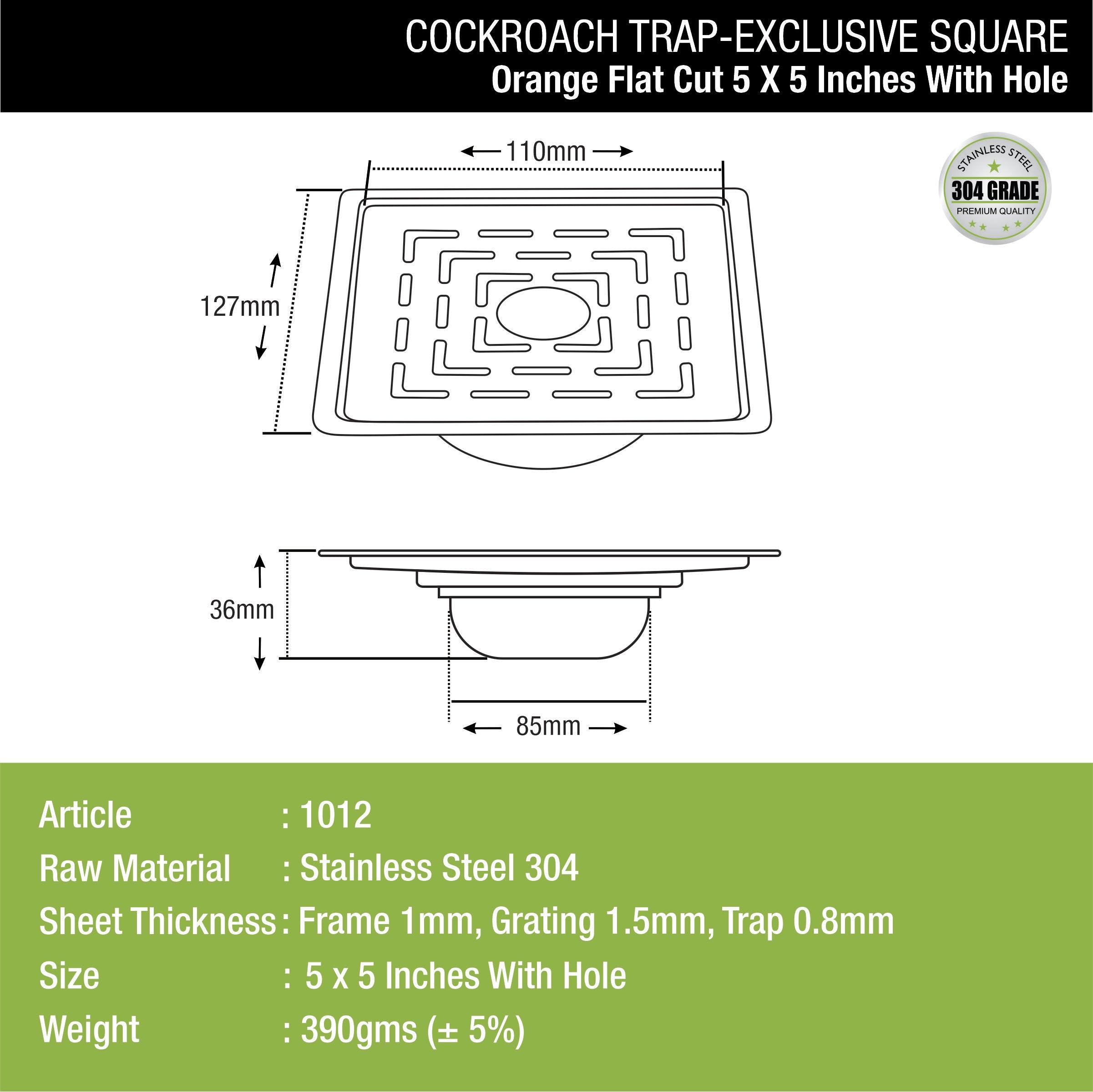 Orange Exclusive Square Flat Cut Floor Drain (5 Inches) with Cockroach Trap And Hole dimensions and sizes