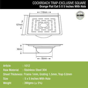 Orange Exclusive Square Flat Cut Floor Drain (5 Inches) with Cockroach Trap And Hole - LIPKA - Lipka Home