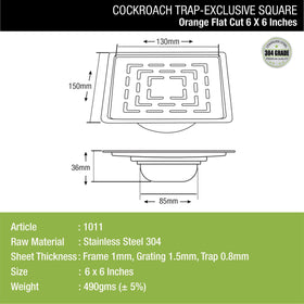 Orange Exclusive Square Flat Cut Floor Drain (6 x 6 Inches) with Cockroach Trap - LIPKA - Lipka Home