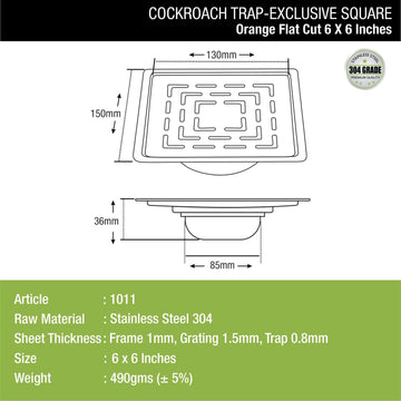 Orange Exclusive Square Flat Cut Floor Drain (6 x 6 Inches) with Cockroach Trap - LIPKA - Lipka Home