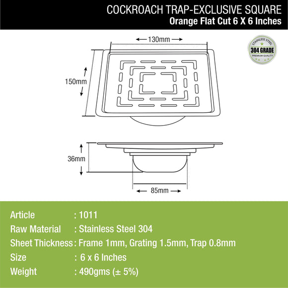 Orange Exclusive Square Flat Cut Floor Drain (6 x 6 Inches) with Cockroach Trap - LIPKA - Lipka Home