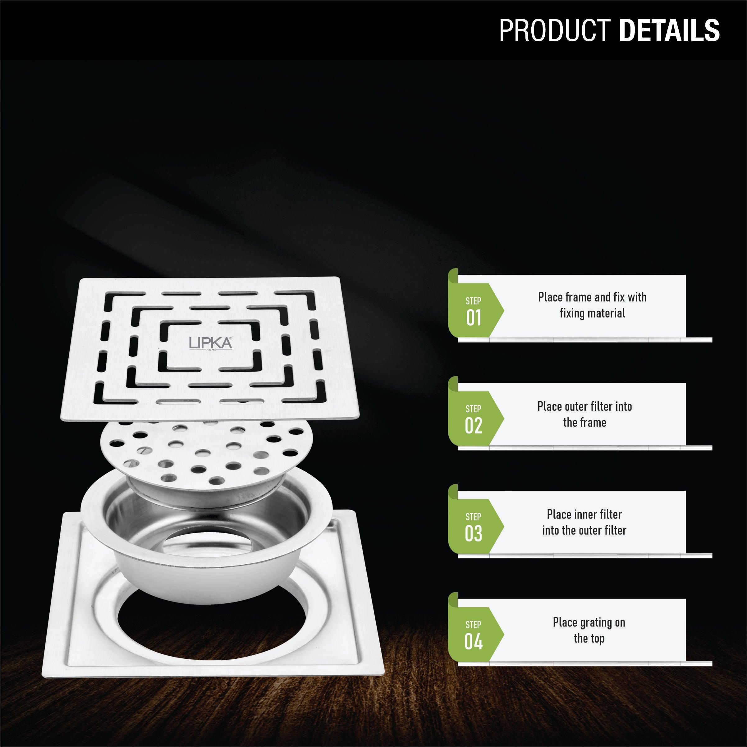 Orange Exclusive Square Flat Cut Floor Drain (6 x 6 Inches) with Cockroach Trap product details