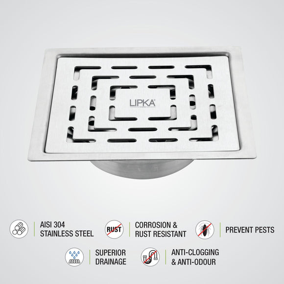 Orange Exclusive Square Flat Cut Floor Drain (6 x 6 Inches) with Cockroach Trap - LIPKA - Lipka Home