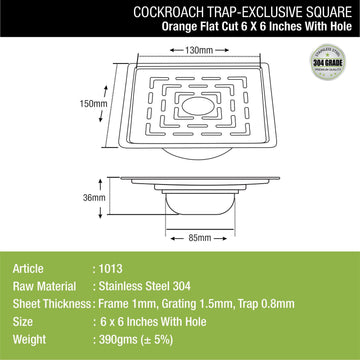 Orange Exclusive Square Flat Cut Floor Drain (6 x 6 Inches) with Hole and Cockroach Trap - LIPKA - Lipka Home