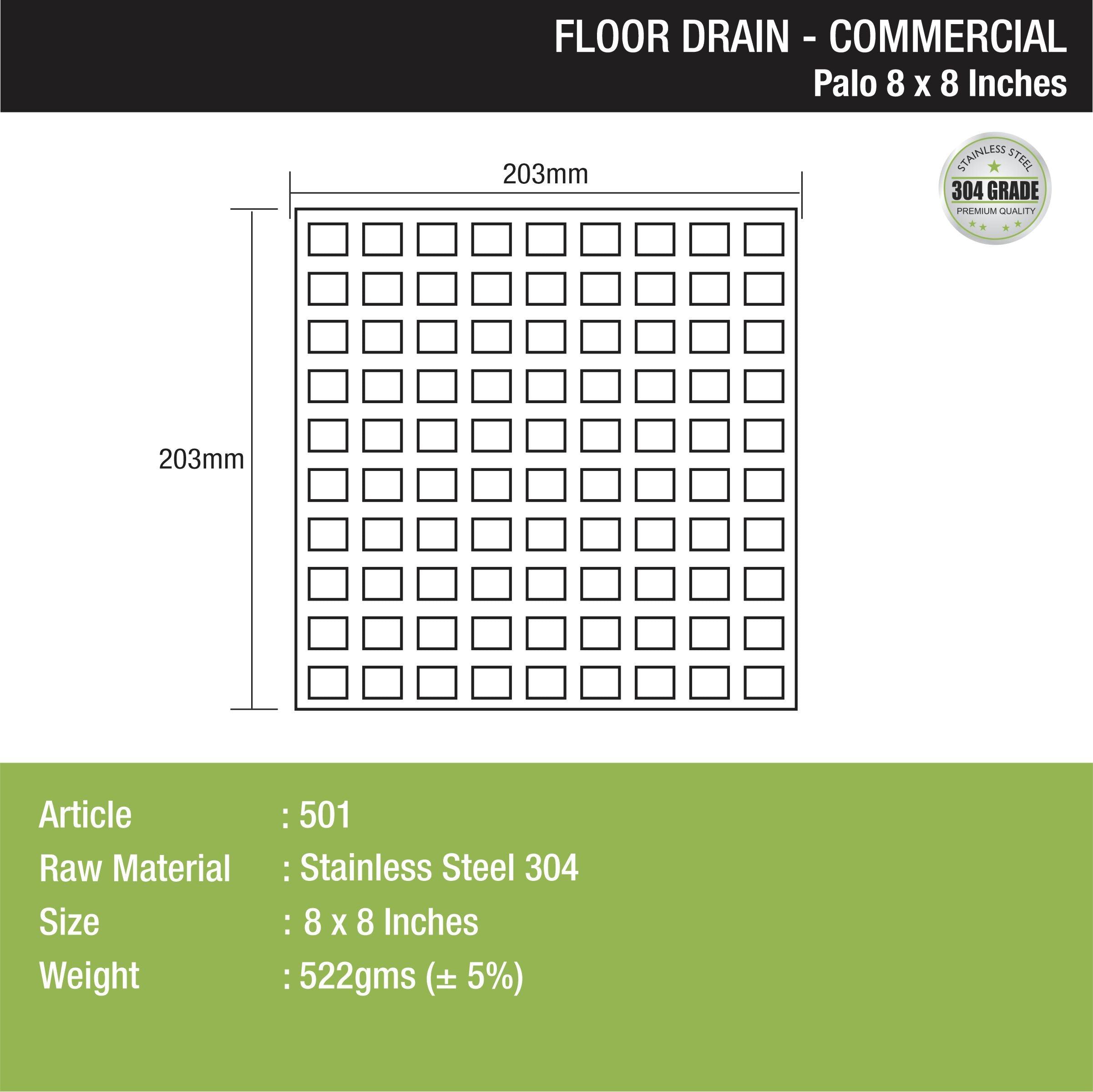 Palo Commercial Floor Drain (8 x 8 Inches) dimensions and sizes