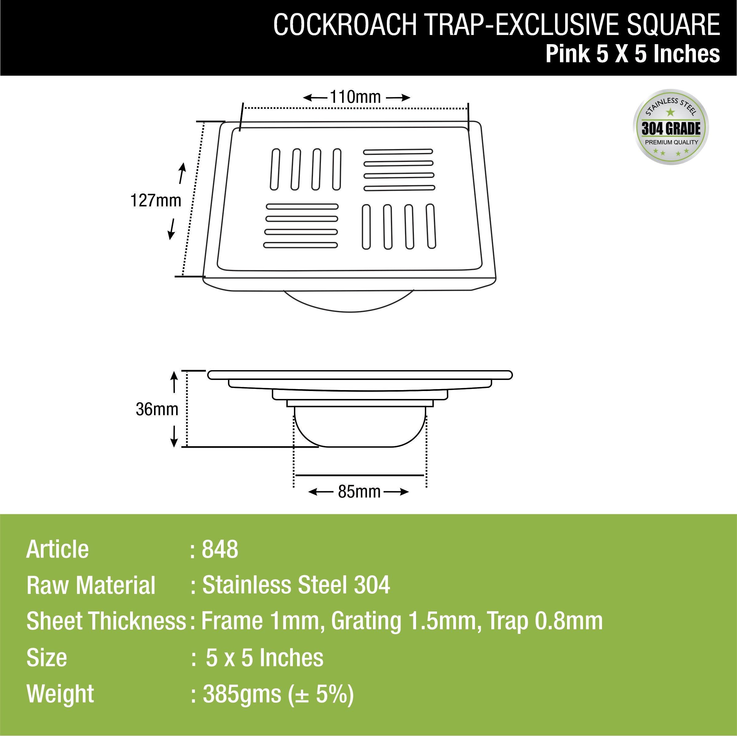 Pink Exclusive Square Floor Drain (5 x 5 Inches) with Cockroach Trap dimensions and sizes
