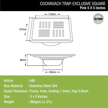 Pink Exclusive Square Floor Drain (5 x 5 Inches) with Cockroach Trap - LIPKA - Lipka Home
