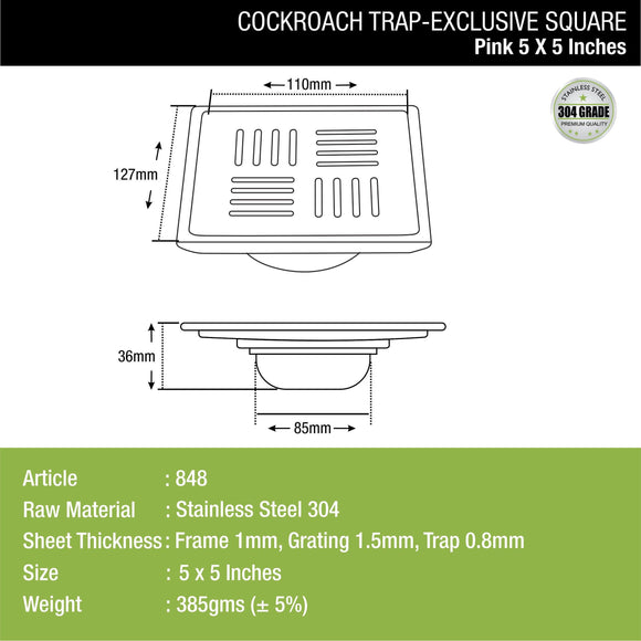 Pink Exclusive Square Floor Drain (5 x 5 Inches) with Cockroach Trap - LIPKA - Lipka Home