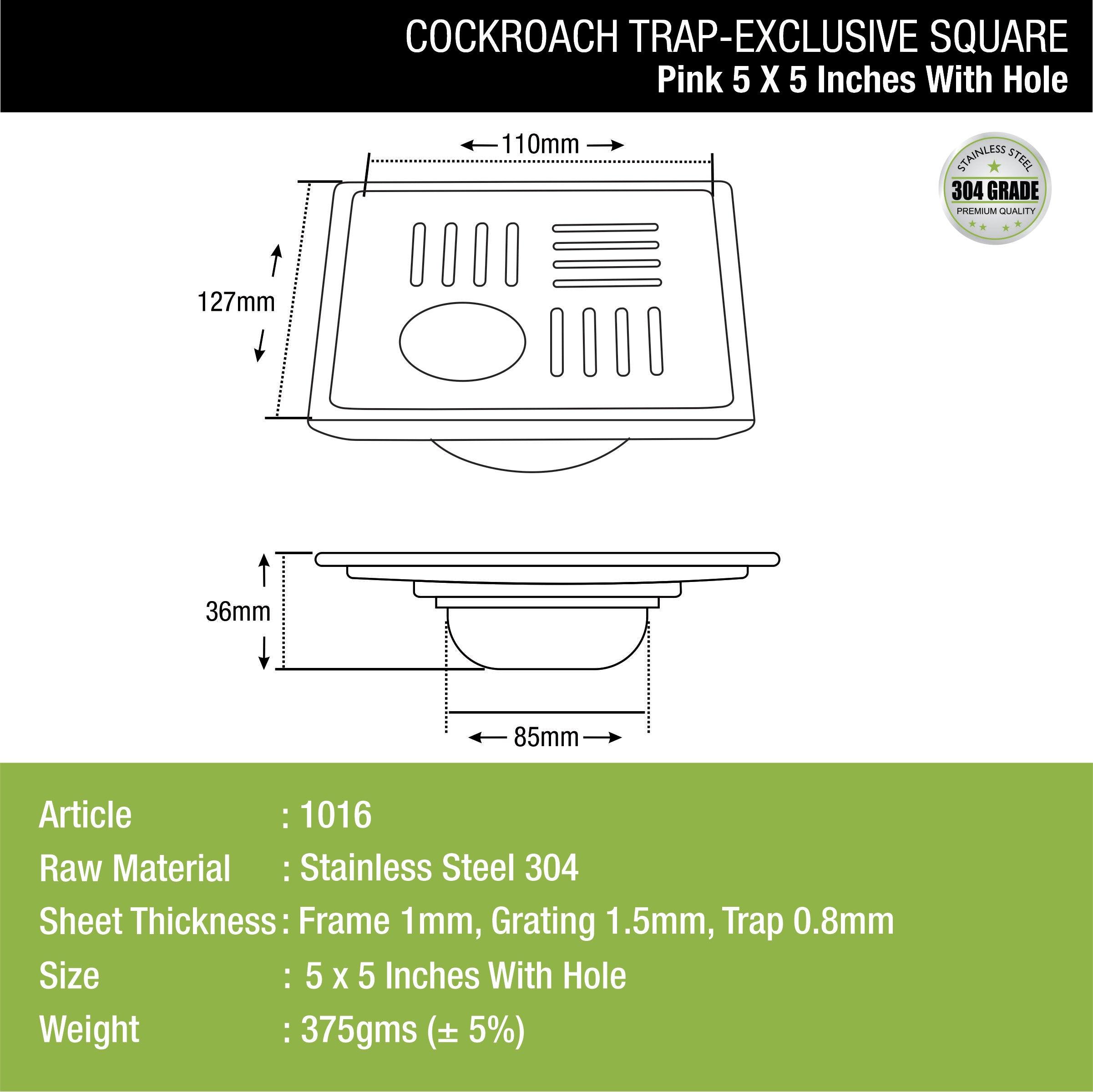 Pink Exclusive Square Floor Drain (5 x 5 Inches) with Hole and Cockroach Trap dimensions and sizes