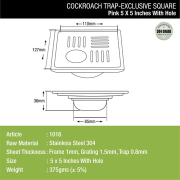 Pink Exclusive Square Floor Drain (5 x 5 Inches) with Hole and Cockroach Trap - LIPKA - Lipka Home