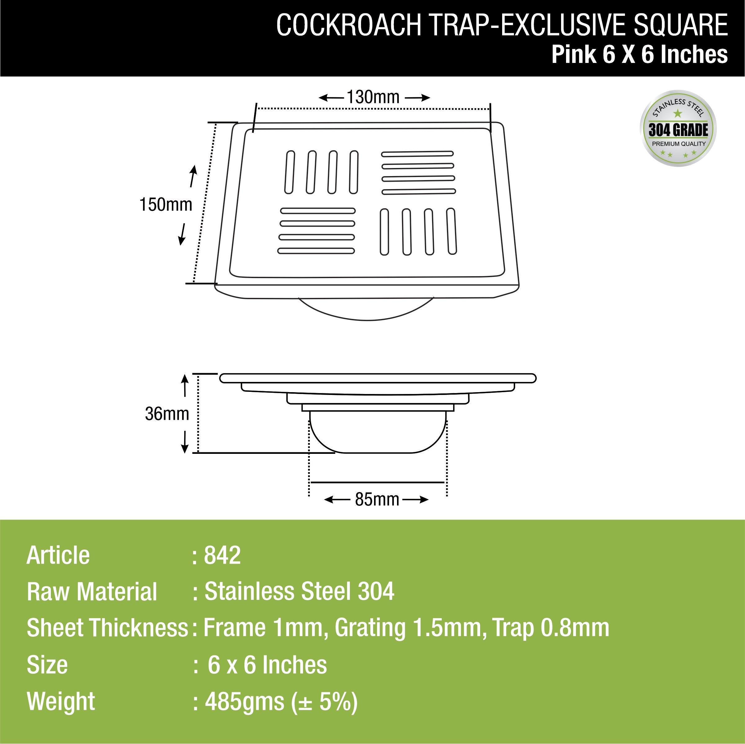 Pink Exclusive Square Floor Drain (6 x 6 Inches) with Cockroach Trap dimensions and sizes